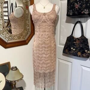 Y2K Sue Wong Tan/Rose Gold Floral Crochet Beaded Mesh Beaded Fringe Mini Dress